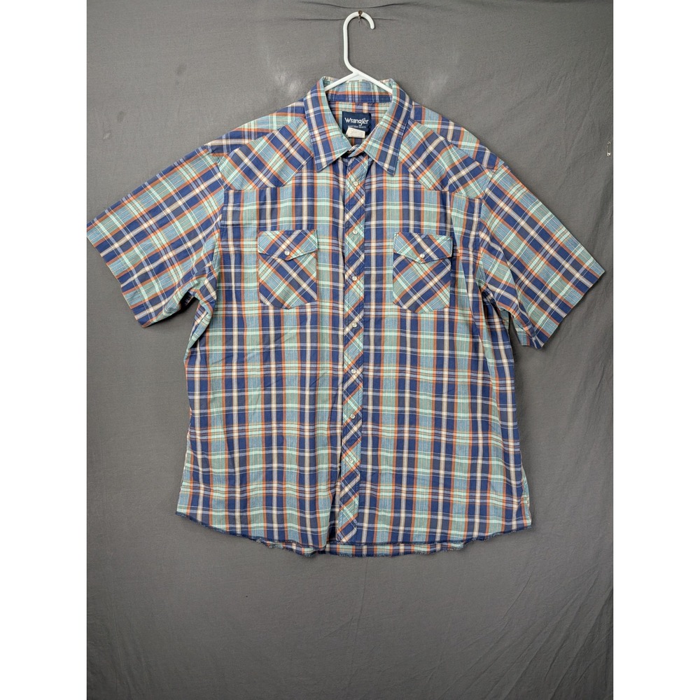 Wrangler Western‎ Shirts Mens Blue Plaid Pearl Snap Short Sleeve Size 19 Tall